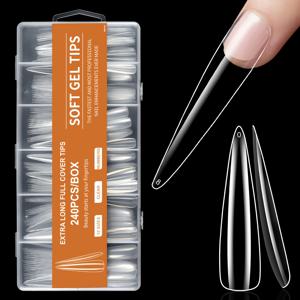 TEMU 12 사이즈 롱 코피스 젤 네일 팁 세트, 240개 반커 아크릴 프레스 온 네일 클리어 인공 네일 키트, 아크릴 네일/다이프 파우더 네일/젤 네일 아트용 네일 팁|네일팁