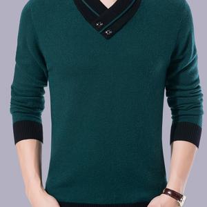TEMU 남성용 캐주얼 V넥 스웨터 - 두꺼운 겨울용 따뜻한 풀오버, 대비 칼라, 다크 그린 & 블랙 디자인, 고신축성 기계세탁 가능 원단, 레귤러 핏 슬리브, 리브 디테일