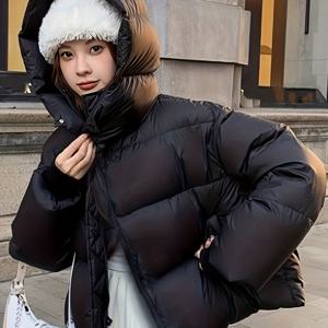 TEMU 1pc 캐주얼 스타일 후드 블랙 퍼거 코트, 포켓이 있는 100% 폴리에스테르 두꺼운 따뜻한 아우터웨어, 루즈핏 플레어 헴, 긴 소매 단색 직조 자켓