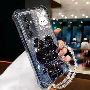 TEMU 갤럭시A24 4G 에어백 손목 스트랩 글리터 메이크업 미러 토끼 폰 홀더 케이스 삼성 갤럭시 A24 4G 충격 방지 스탠드 백커버