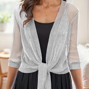 TEMU 여성용 우아한 V넥 타이프론트 크롭 하이스트레치 실버 메쉬 탑, 드레스 오버레이 숄, 반소매 오픈프론트 스웨터|가디건