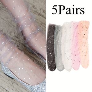 TEMU 5Paris 여성용 Y2K 스타 달 메시 튜브 양말 - 초박형 투명 레이스 풀 양말, 반짝이는 별 & 달 장식, 통기성 좋은 여름 댄스 & 해변 바캉스 캐주얼 양말, 세탁기 사용 가능, /, 귀여운 양말, 바캉스 신발, Y2K 패션