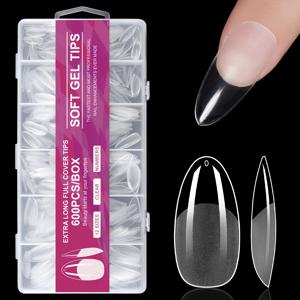 TEMU 600개 짧은 아몬드 아크릴 네일 팁 - 프리폼 세미매트 프레스온 네일, 12가지 사이즈 투명 젤 팁 풀 커버리지, DIY & 살롱용 자연스러운 네일 연장, 네일 액세서리, 뷰티 강화, 정리 보관함 포함