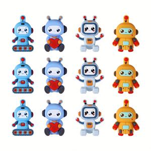 TEMU 12개 3D 만화 로봇 실리콘 비즈와 자물쇠 및 열쇠 디자인 - 멀티컬러 DIY 공예용 비즈, 주얼리 만들기, 키체인, 비즈 펜 및 수제 장식 용품, 실리콘 캐릭터 비즈