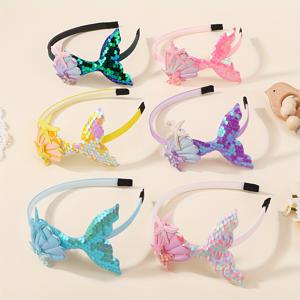 TEMU 6팩 인어 시퀸 머메이드 헤어밴드 여행 스타일 별똥별 쉘 글리터 걸 포니테일 헤어 액세서리 여성 패션 저렴한 매력 헤어 액세서리, 보호 스타일, 사계절용, 일상 및 캐주얼, 폴리에스터, 혼합 색상