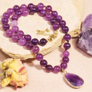 TEMU 1pc 자연 아메티스트 펜던트 목걸이, 둥근 비즈 - 빈티지 스타일, 여성용 보라 돌 장신구, 일상적인 선물, 초크 목걸이 | 빈티지 스타일 목걸이 | 자연 돌 비즈, 장신구