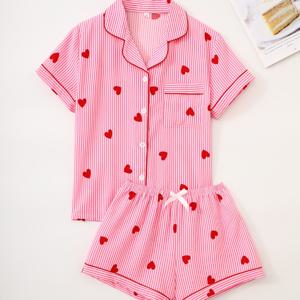 TEMU 여성용 레드 러브 프린트 여름 파자마 세트, 반팔 버튼 셔츠와 턴업 칼라 및 리본 쇼츠, 봄과 여름을 위한 캐주얼 홈웨어