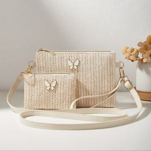 TEMU 2025년 신상 나비 라벨 장식 스트로우 투피스 세트 여성용 가방 싱글 숄더백