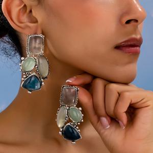 TEMU 스타일의 컬러풀한 불규칙 기하학적 사각형 오벌 삼각형 매달린 귀걸이 한 쌍, 캐주얼 복장 및 선물용으로 완벽함