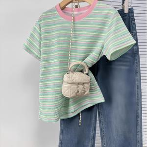 TEMU 1개 여성용 민트 그린 & 핑크 수평 티셔츠 - 둥근 넥라인, 가벼운 일상 베이직 탑, 캐주얼/오피스/라운지용 - 비침 방지 루즈핏 셔츠, 봄/여름/가을 의상, 여성을 위한 티셔츠, 여름 옷, 재미있는 디자인, 편안한 착용감, 귀여운 스타일, 부드러운 질감, 반팔 상의, 캐주얼 웨어