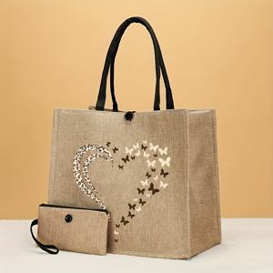 TEMU 2pcs & 나비 하트 디자인 토트 백 & 지갑 세트 - 우아한 천 상점 가방, 검은 손잡이, 가벼운 버튼 클로저, 여행 및 해변에 완벽, 해변 액세서리 | 우아한 토트 백 | 내구성 있는 손잡이 가방, 해변 토트 백