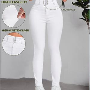 TEMU 여성용 화이트 하이웨이스트 스키니 진 - 트리플 버튼 클로저, 신축성, 슬림핏, 우아한 디자인 - 캐주얼 또는 외출용, 다재다능한 의류 | 진 | 세련된 외관