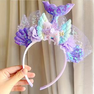 TEMU 귀여운 인어 공주 머리띠 - 나비 & 꽃 디자인, 파스텔 기하학 패턴, 반짝이는 장식, 소프트 폴리에스터 헤어 액세서리 (청소년 및 청년용 15+)
