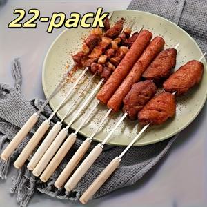 TEMU 22개 스테인레스 스틸 평평한 스키크로우, 나무 손잡이, 치킨 윙, 고기, 야채용 - 야외 요리, 피크닉, 파티용 지속적인 바베큐 그릴 액세서리, 바베큐 스키크로우