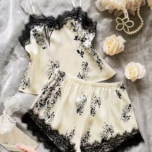 TEMU 여성용 여름용 슬리브리스 스트랩리스 하이웨이스트 반바지, 꽃무늬 프린트 실크 파자마 세트, 레이스 트림 디테일, 성인용 잠옷