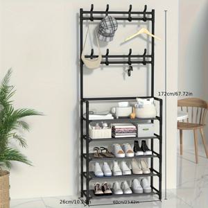 TEMU 1개 다기능 현관 정리대 - 튼튼한 신발장 & 코트 행거 포함, 공간 절약형 복도 수납 캐비닛, 도구 없이 간편 조립, 견고한 금속/플라스틱 구조, 거실·침실·사무실용 모던 홈 데코 (블랙), 신발 보관함, 장식 선반, 무도구 조립
