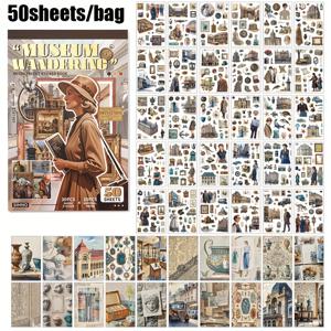 TEMU 50장/북 스티커북, 30개 와시 종이 다이컷 스티커 + 20개 물무늬 재료지, 슬로우 라이빙 시리즈 빈티지 테마 데칼