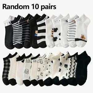 TEMU 통기성이 좋은 여성용 여름 발목 양말 10켤레 - 가볍고 짧은 캐주얼 양말, 귀여운 만화 곰, 하트 & 기하학 패턴, 줄무늬, 도트 무늬, 레이스 트림 디자인 - 랜덤 컬러 믹스, 귀여운 양말, 편안한 풋웨어, 재미있는 양말 디자인, 부드러운 원단, 성인용