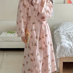 TEMU 2025 봄/여름 신상 일본풍 귀여운 체크 핑크 베어 긴팔 스타일 여성용 나이트가운 홈웨어