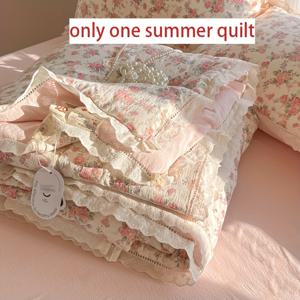 TEMU 1개 레이스 트림 플로랄 여름 이불 - 더블 레이어 시스루 가벼운 통기성 사계절용 침구, 세탁 가능한 현대적 디자인, 침실/게스트룸/소파용, 섬세한 디테일의 소프트 텍스처, 장식용 던지기, 게스트 숙박용, 홈 테크스타일, 로맨틱 스타일, 내구성 있는 폴리에스터, 다용도 침구, 스타일리시 리빙|쇼파침대