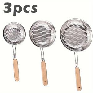 TEMU 3pcs 스테인레스 스틸 스트레이너 나무 손잡이 - 튀김에 적합, 파스타 및 면류를 제공하는 데 완벽, 음식 준비 및 오일 필터링에 필수적인 | 내구성 있는 주방 도구