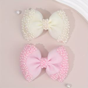 TEMU 2pcs 우아한 메시 보 헤어 클립 - 비즈 핑크 & 화이트 투일 헤어 액세서리, 안전한 홀드, 매력적인 헤어 액세서리, 일상 및 파티 의상, 어머니의 날 선물, 소녀용 헤어 액세서리, 일상 헤어 액세서리, 세련된 보 디자인, 세부적인 공예