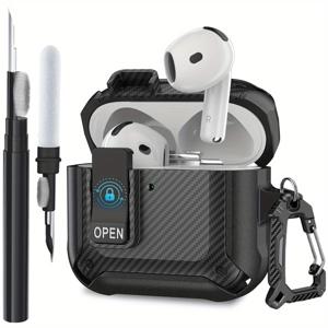 TEMU HHTONG 에어팟 4 케이스 및 클리너 키트 세트, 내구성 강화 하드 보호 커버 및 안전 잠금 클립온 - 에어팟 4세대 (2024) 호환, 스크래치 방지 및 내구성