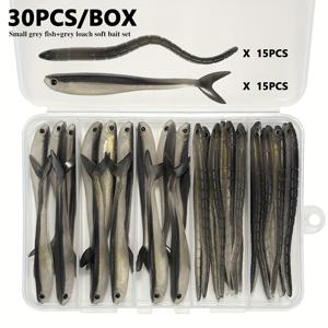 TEMU 30개/박스 핸드메이드 3D 아이 소프트 베이트, 회색 포크 테일 피쉬 소프트 베이트 3.15인치, 농어 소프트 베이트 3.74인치, 재사용 가능한 PVC 소재 작은 회색 물고기+농어 베이트, 민물 생선 낚시용 (퍼치, 메기, 잉어)