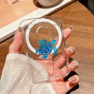 TEMU Clear Transparent Portable N52 강력한 자석 휴대폰 카드 홀더, 삼성 및 iPhone16/15/14/13용 자석 기능이 있는, 다른 자석 케이스를 맞추는, 1-4 카드를 보관하는, PC 재질, 자외선 프린트, 바다 파란 거북이 로밍 디자인, 일상적인 통근에 완벽한, 남성 및 여성용