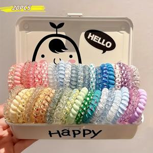 TEMU 20개입 새색상 스파이럴 헤어타이 - 여성용 고탄력 머리끈, 핑크·블루·그린·옐로우·퍼플 컬러, 우아하고 세련된 액세서리, 손상 없는 고탄성 고무 밴드