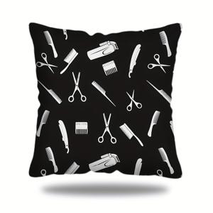 TEMU 1개 바버샵 테마 쿠션 커버 - 블랙 & 화이트 바버폴 & 미용 도구 디자인 (가위, 빗, 클리퍼) - 대형 정사각형 쿠션 케이스 17.7x17.7인치, 지퍼 클로저, 세탁기 사용 가능, 살롱, 동굴, 바버 의자용