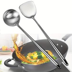 TEMU 2개 세트 스테인리스 스틸 긴 손잡이 주방용 스패출러, 일체형 성형 공정, 안전한 요리 도구 (수프·계란 프라이·접시 서빙용), 가정용 주방기구
