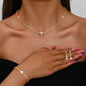 TEMU 패셔너블하고 우아한 섹시한 구리 인레이드 라인스톤 목걸이 귀걸이 팔찌 세트, 우아하고 반짝이는 여성용 주얼리 프롬 파티 액세서리