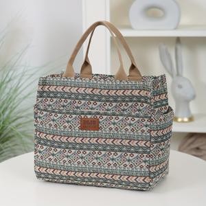 TEMU 신상품, 두꺼운 자카드 원단, 대용량 휴대용 보관 가방, 점심 가방, 쌀과 외출 피크닉에 적합, 도시락 보관, 알루미늄 호일 단열층, 앞 지퍼 포켓, 양쪽 물컵 포켓, 점심 가방, 손잡이 가방. 개학 시즌, 레트로, 줄무늬 패턴, 민족 스타일, 라마단 축제, 사각형 가방, 비식품 접촉