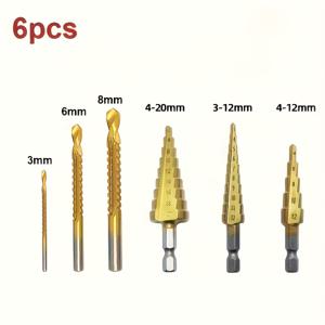 TEMU 6pcs 스텝 드릴 비트 세트, 티타늄 크롬 주철 커터 4, 4-12, 3-12mm, 3, 6, 8mm, 목공 및 금속 코어 드릴링용