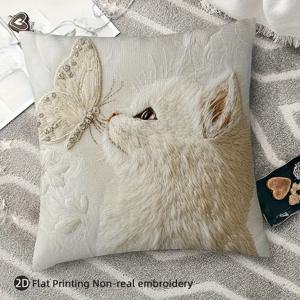 TEMU 1개 2D 평면 프린트 흰색 고양이와 나비 베개 커버 18x18인치 - 리얼 자수 없는 부드러운 쿠션 케이스, 농가 스타일 거실 침실 장식용, 사무실 및 홈 데코 | 섬세한 장식 베개, 삽입물 미포함, 단면 인쇄, 2D 플랫