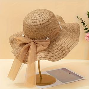 TEMU 우아한 진주 장식 스트로우 햇 - 블랙 보우 & 화이트 펄, 가볍고 통기성 좋은 여름용 비치 햇, 야외 및 휴가용, 해변 모자, 와이드 브림 블랙 페도라, 여성용 여름 모자