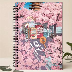 TEMU 일본식 벚꽃 스파이럴 노트북 - 귀여운 애니메이션 스타일 사쿠라 디자인, 일본어 텍스트 포함, 휴대용 하드커버 다이어리 저널 (핑크 벚꽃 & 일본 탑 아트) - 학교, 사무실, 여성 선물, 학생용