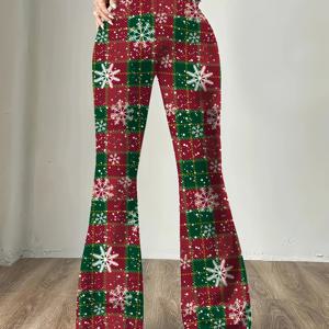 TEMU 여성용 크리스마스 플레어 팬츠 - 레드 & 그린 트라우저, 스트레치 없는 소재로 제작된 크리스마스 파티 및 일상/정장 행사용, 사계절 우아한 빈티지 벨 바텀, 장식 디테일, 내구성 있는 재질, 패션 애호가를 위한 스타일리시 하의, 파티웨어, 레트로 패션, 고품질 여성용