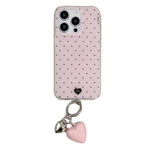 TEMU 투명한 화이트 라이트 IMD 더블 레이어 핑크 도트 하트 폰 케이스, 아이폰 11, 12, 13, 14, 15, 16 프로 맥스 호환 핑크 하트 펜던트 포함