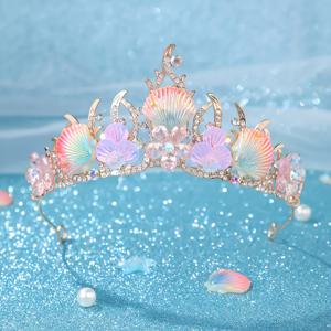 TEMU 1개 수제 인어 꼬리 왕관 (별빛 & 조개 라인스톤 티아라) - 파스텔 핑크/퍼플/그린/골드 인어 헤어 액세서리, 공주 파티 코스튬, 사계절 착용
