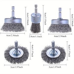 TEMU 드릴 비트 와이어 브러시 세트 5개, 1/4인치(약 0.6cm) 육각 샹크 연마 와이어 휠, 페인트 및 녹 제거용 드릴 비트 와이어 컵 브러시 세트, 탄소강 와이어 브러시 세트, 와이어 휠, 스틸 브러시 펜 타입, 팬 베어링 브러시 세트, 드릴용 와이어 브러시, 스틸 브러시, 녹 제거제, 메탈릭 브러시