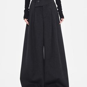 TEMU 여성 겨울용 두꺼운 와이드 레그 팬츠 - 포켓이 있는 우아한 솔리드 트라우저, 하이웨이스트 루즈핏, 긴소매, 단색, 캐주얼 또는 포멀 웨어에 적합, 겨울 바지 | 우아한 와이드 레그 팬츠 | 부드러운 질감의 팬츠|냉장고바지|바지