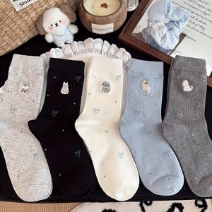 TEMU 여성용 미드 캐프 양말 5켤레 세트, 트렌디한 인스 양말, 봄/가을 귀여운 캐릭터 리본 오버 더 캐프 양말