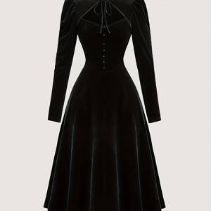 TEMU 우아한 블랙 벨벳 미디 드레스 | 레트로 코트 스타일, 스탠드 칼라, 긴소매, 버튼 디테일, 여성용 핏 앤 플레어 실루엣