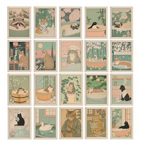 TEMU 20개 / 한국 스타일 레트로 동물 아트 엽서 세트 - 빈티지 아시아 민속 고양이, 개, 여우, 거북이 - 반광택 퇴색 방지 수집용 카드, 스크랩북, 벽 장식, 우편용 (전통 한복 디자인)