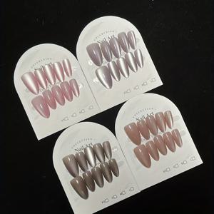 TEMU 40개 캣아이 누드 숏 아몬드 프레스온 네일 4종 세트 - 핑크/오로라 타로 퍼플/그레이 파우더/그레이 여성용 데일리웨어 또는 DIY 매니큐어