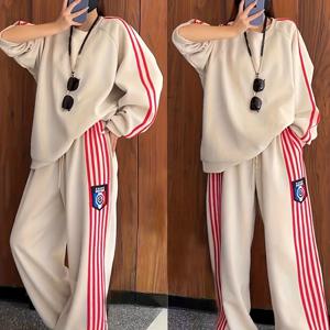 TEMU 여성 캐주얼 오버사이즈 후드티 & 와이드 레그 팬츠 세트 - & 레드 투피스 의상, 긴소매, 드로스트링 허리, 가을/겨울 컬렉션, 성인용 포근한 홈웨어, 포근한 홈웨어 | 오버사이즈 후드티 | 드로스트링 허리 밴드, 스웨터 세트, 여성잠옷 세트, 잠옷, 여성잠옷, 오버사이즈 잠옷, 컬러 스트라이, 잠옷 세트