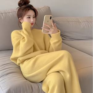 TEMU 여성용 가을 겨울 코리안 스타일 루즈핏 스웨터 투피스 세트, 밀키 옐로우 크루넥 긴팔 상의와 와이드 레그 팬츠 세트, 고품질 풀오버와 팬츠 풀 세트|냉장고바지|옷|바지