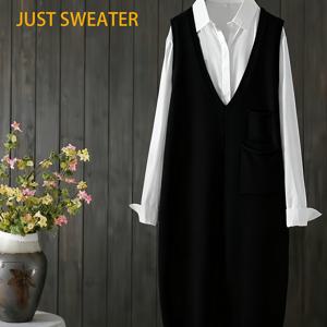 TEMU 플러스 사이즈 - 플러스 사이즈 여성 유럽풍 V넥 스웨터, 케이블 디자인 및 듀얼 포켓, 우아한 민소매 드레스.|나시원피스|민소매원피스|빅사이즈